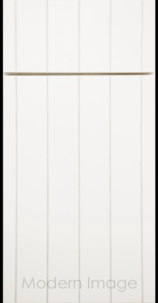 Brooklyn Flat-Panel Cabinet Door with 5 evenly spaced Vertical Grooves, Vanilla-Matte color.